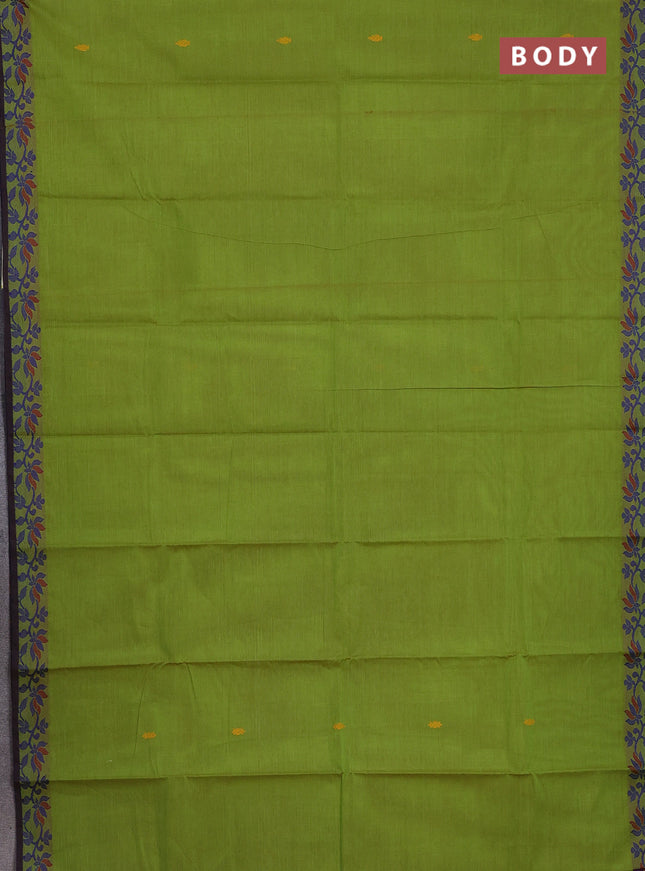 Chettinad cotton saree light green and brown with thread woven buttas and thread woven border