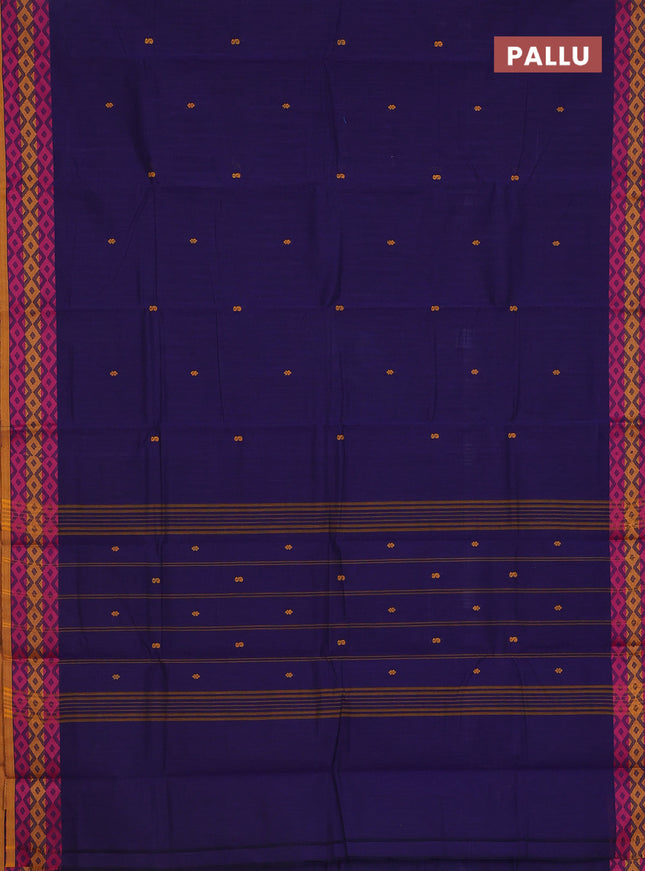 Chettinad cotton saree navy blue and mustard yellow with thread woven buttas and thread woven border
