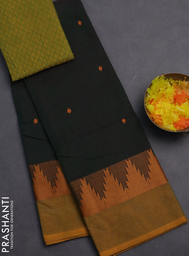 Chettinad cotton saree bottle green and dark mustard with thread woven buttas and temple thread woven simple border
