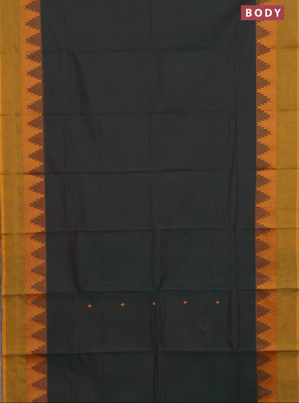 Chettinad cotton saree bottle green and dark mustard with thread woven buttas and temple thread woven simple border