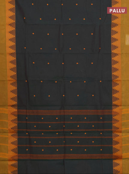 Chettinad cotton saree bottle green and dark mustard with thread woven buttas and temple thread woven simple border