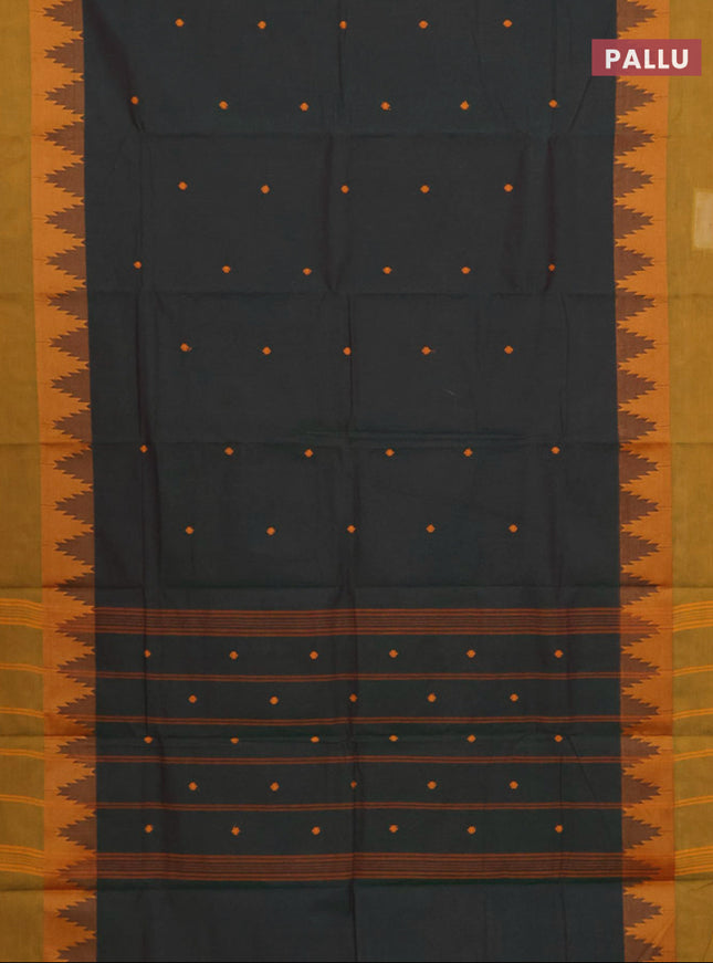 Chettinad cotton saree bottle green and dark mustard with thread woven buttas and temple thread woven simple border