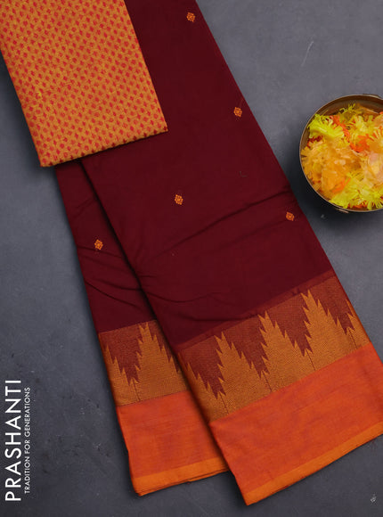Chettinad cotton saree maroon and orange with thread woven buttas and temple thread woven simple border