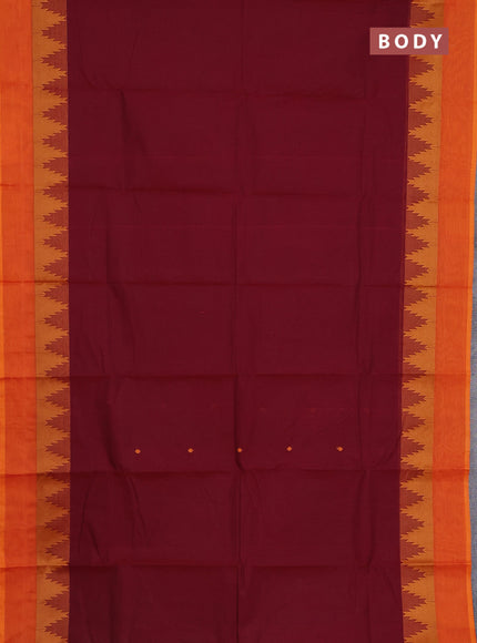 Chettinad cotton saree maroon and orange with thread woven buttas and temple thread woven simple border