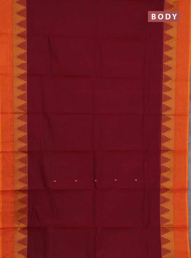Chettinad cotton saree maroon and orange with thread woven buttas and temple thread woven simple border