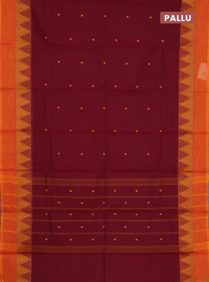 Chettinad cotton saree maroon and orange with thread woven buttas and temple thread woven simple border