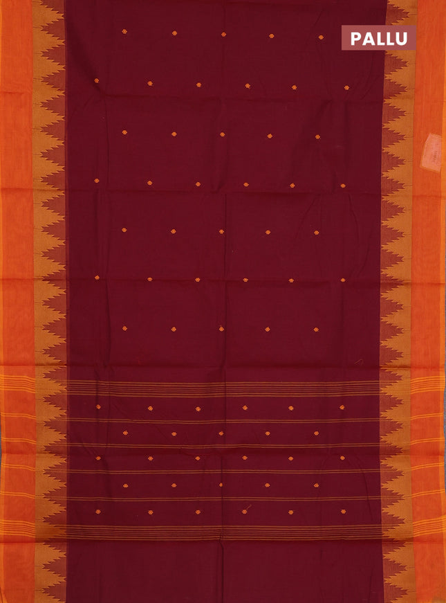 Chettinad cotton saree maroon and orange with thread woven buttas and temple thread woven simple border