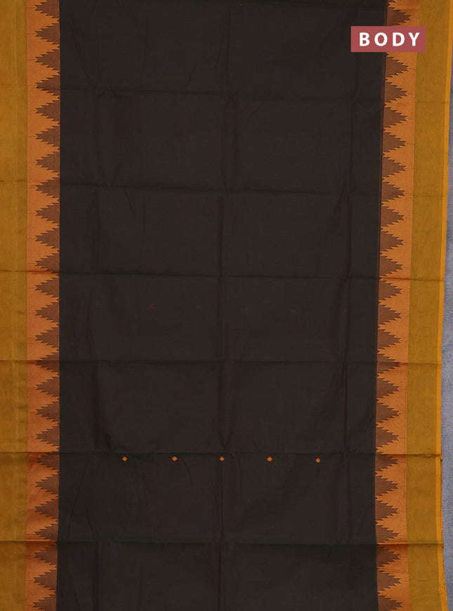 Chettinad cotton saree dark sap green and dark mustard with thread woven buttas and temple thread woven simple border