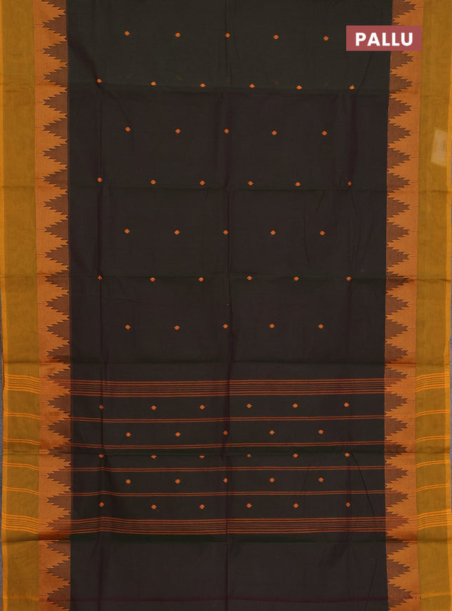 Chettinad cotton saree dark sap green and dark mustard with thread woven buttas and temple thread woven simple border