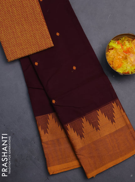 Chettinad cotton saree wine shade and dark mustard with thread woven buttas and temple thread woven simple border