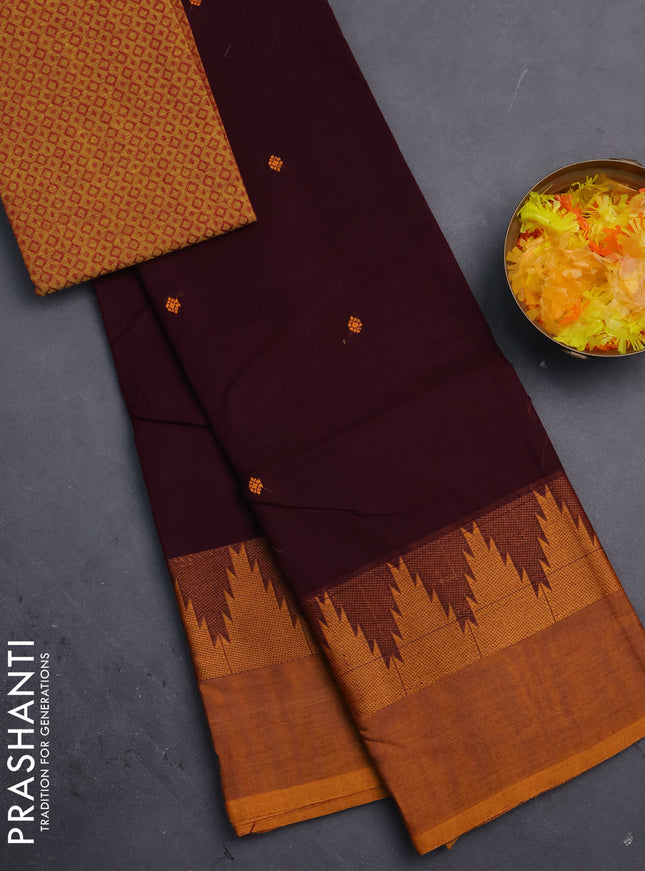 Chettinad cotton saree wine shade and dark mustard with thread woven buttas and temple thread woven simple border