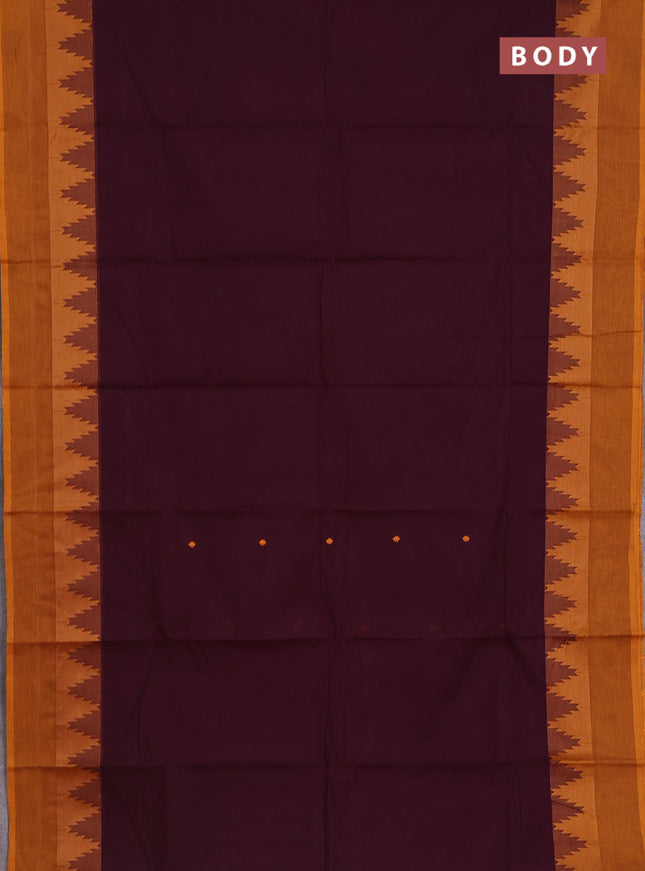 Chettinad cotton saree wine shade and dark mustard with thread woven buttas and temple thread woven simple border