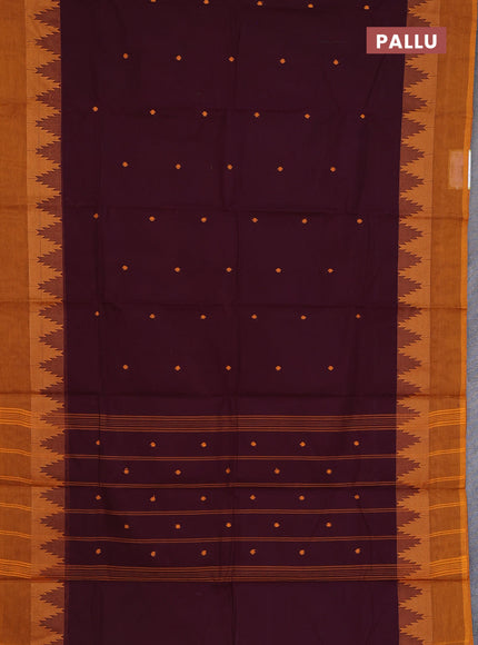 Chettinad cotton saree wine shade and dark mustard with thread woven buttas and temple thread woven simple border
