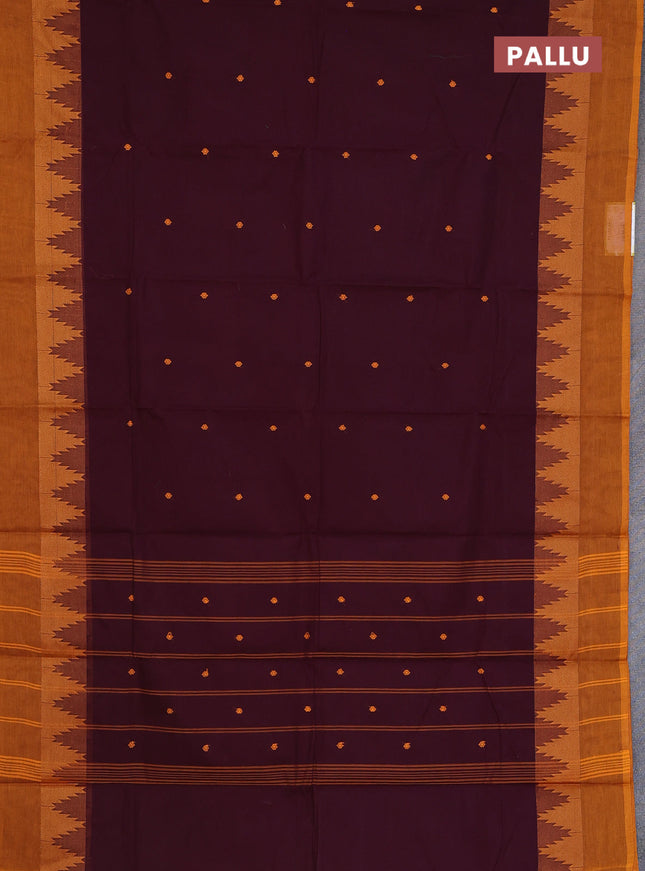 Chettinad cotton saree wine shade and dark mustard with thread woven buttas and temple thread woven simple border