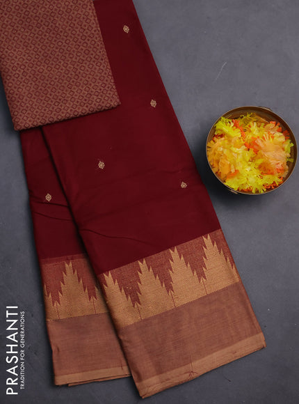 Chettinad cotton saree maroon and sandal with thread woven buttas and temple thread woven simple border
