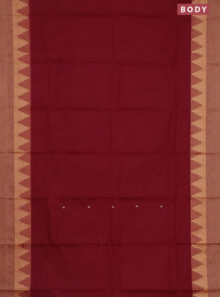 Chettinad cotton saree maroon and sandal with thread woven buttas and temple thread woven simple border