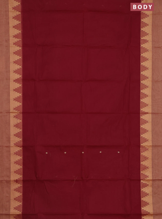 Chettinad cotton saree maroon and sandal with thread woven buttas and temple thread woven simple border