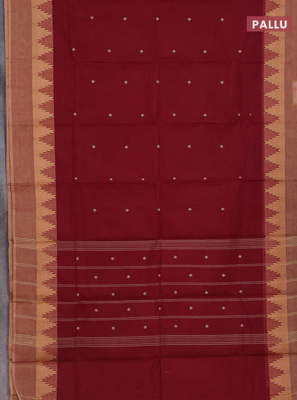 Chettinad cotton saree maroon and sandal with thread woven buttas and temple thread woven simple border