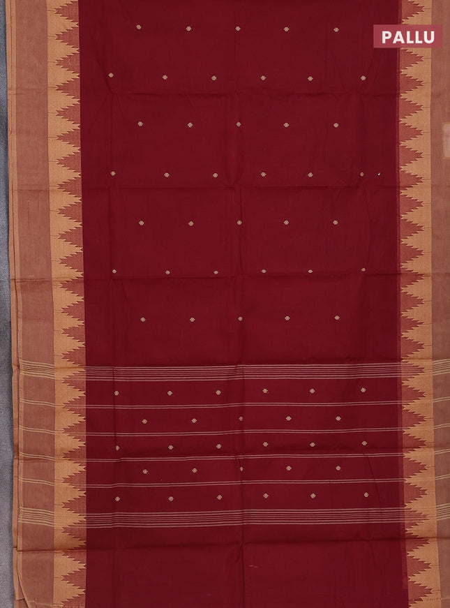 Chettinad cotton saree maroon and sandal with thread woven buttas and temple thread woven simple border