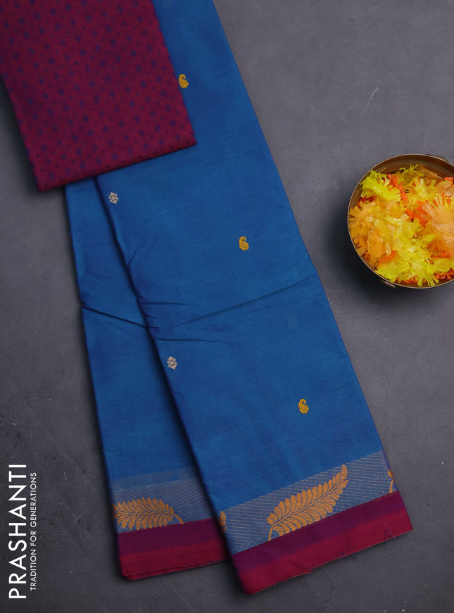 Chettinad cotton saree dual shade of cs blue and dual shade of maroon with thread woven buttas and thread woven simple border