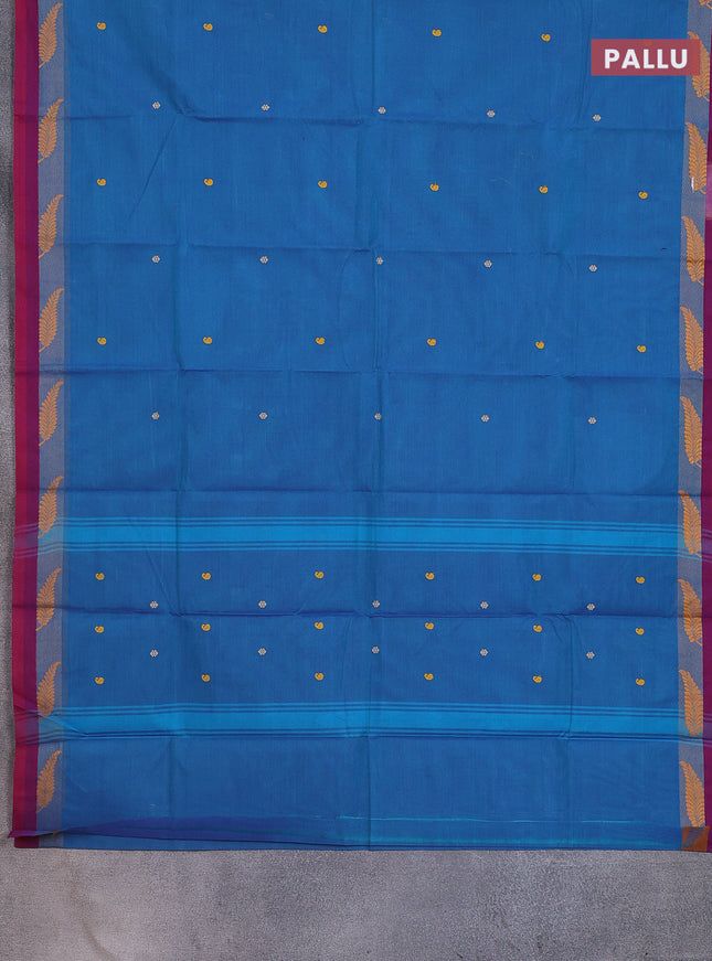 Chettinad cotton saree dual shade of cs blue and dual shade of maroon with thread woven buttas and thread woven simple border