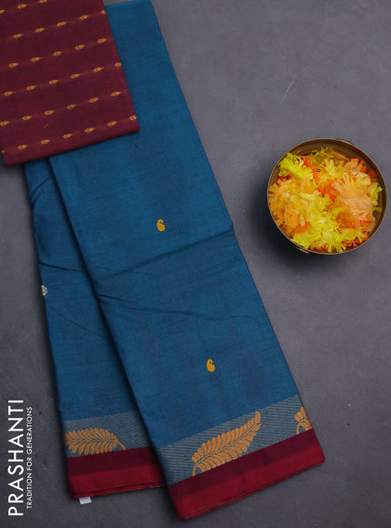Chettinad cotton saree peacock green and maroon with thread woven buttas and thread woven simple border