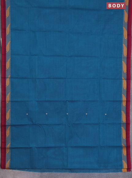 Chettinad cotton saree peacock green and maroon with thread woven buttas and thread woven simple border