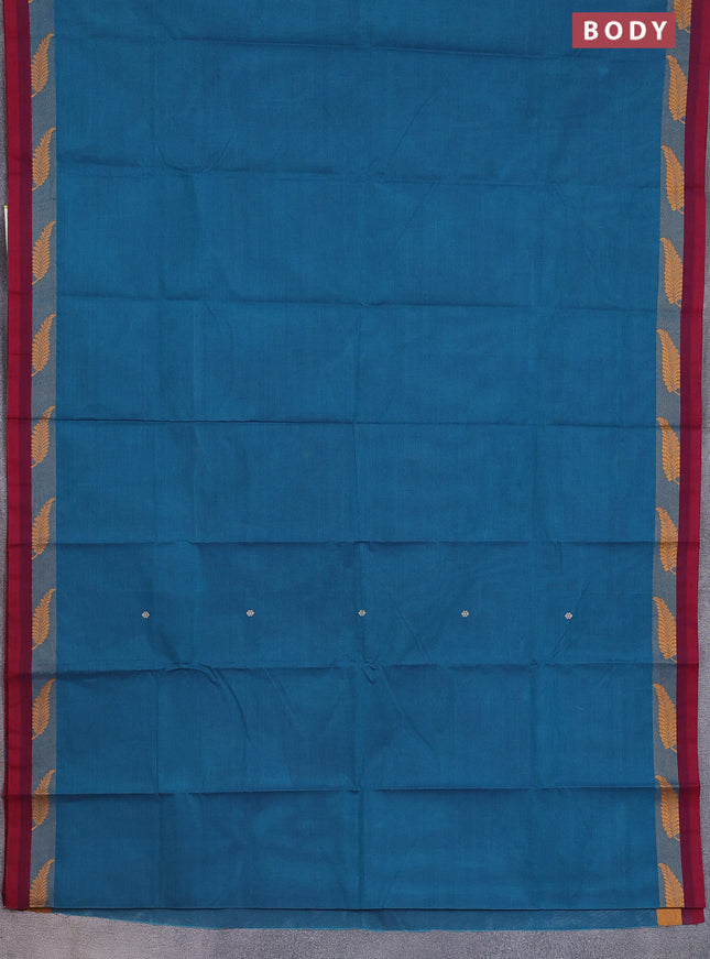 Chettinad cotton saree peacock green and maroon with thread woven buttas and thread woven simple border
