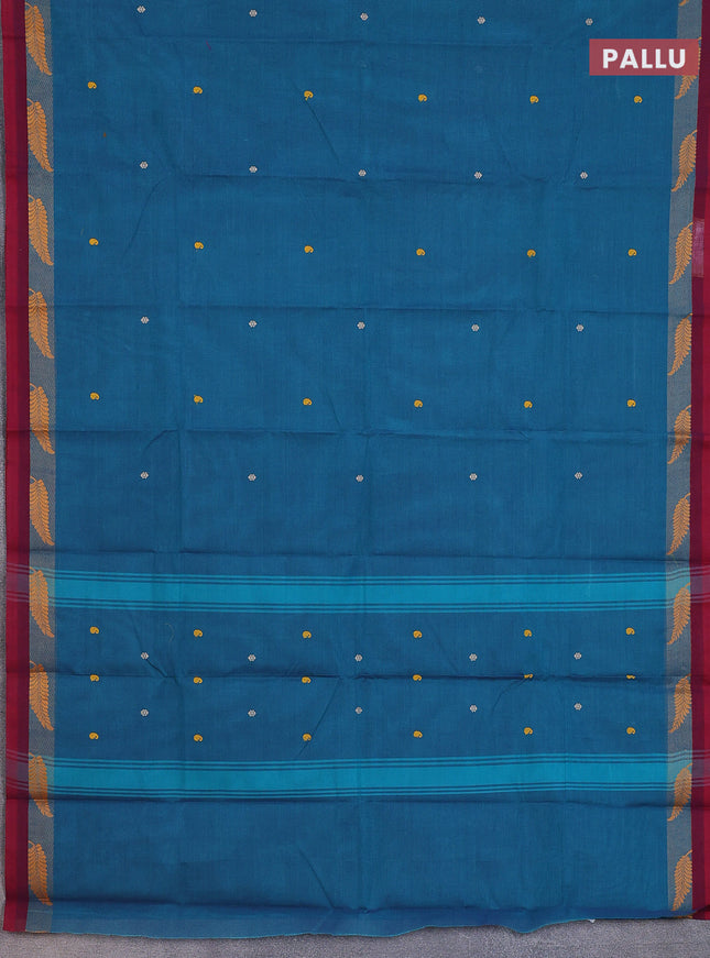 Chettinad cotton saree peacock green and maroon with thread woven buttas and thread woven simple border