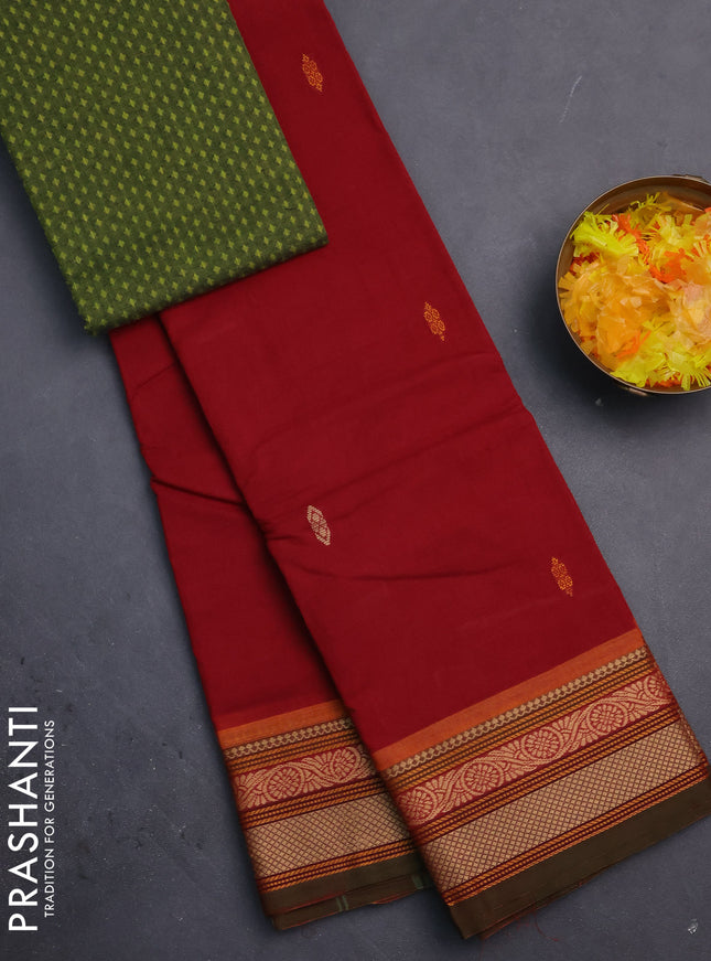 Chettinad cotton saree kumkum red and sap green with thread woven buttas and thread woven border