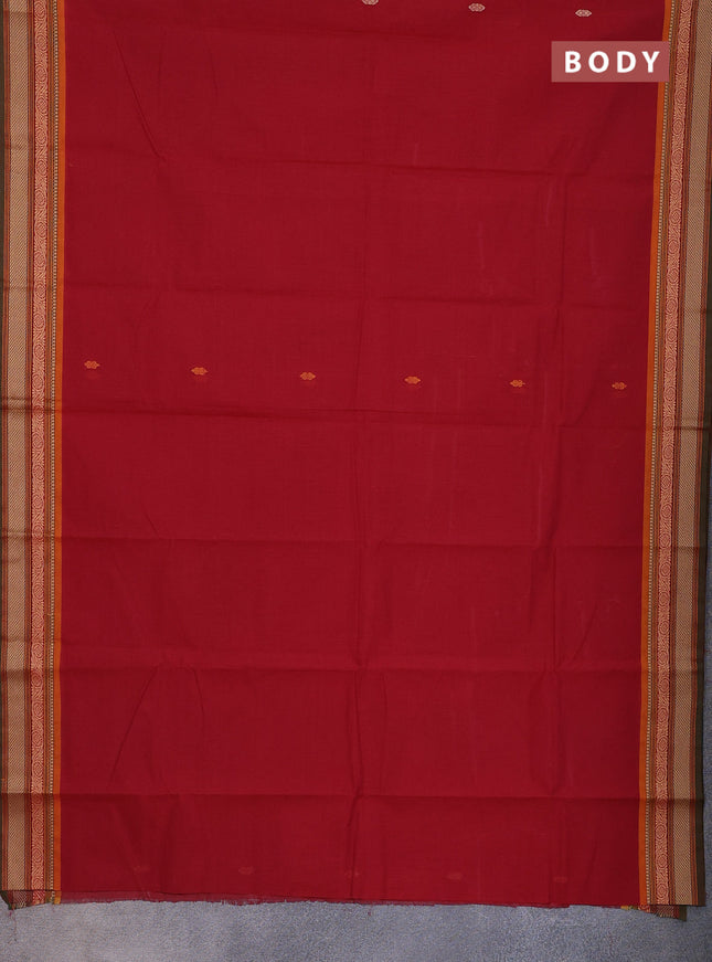 Chettinad cotton saree kumkum red and sap green with thread woven buttas and thread woven border
