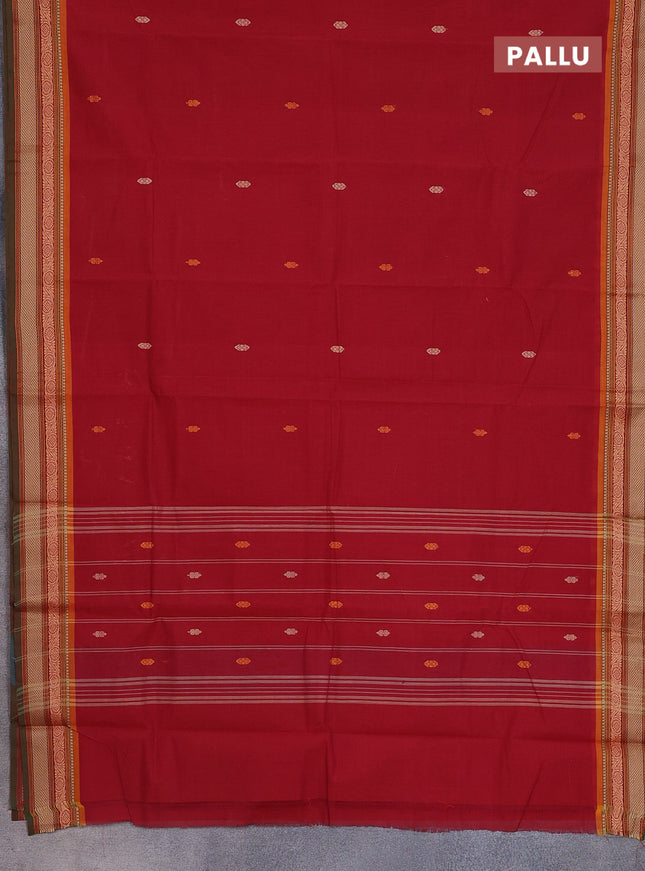 Chettinad cotton saree kumkum red and sap green with thread woven buttas and thread woven border