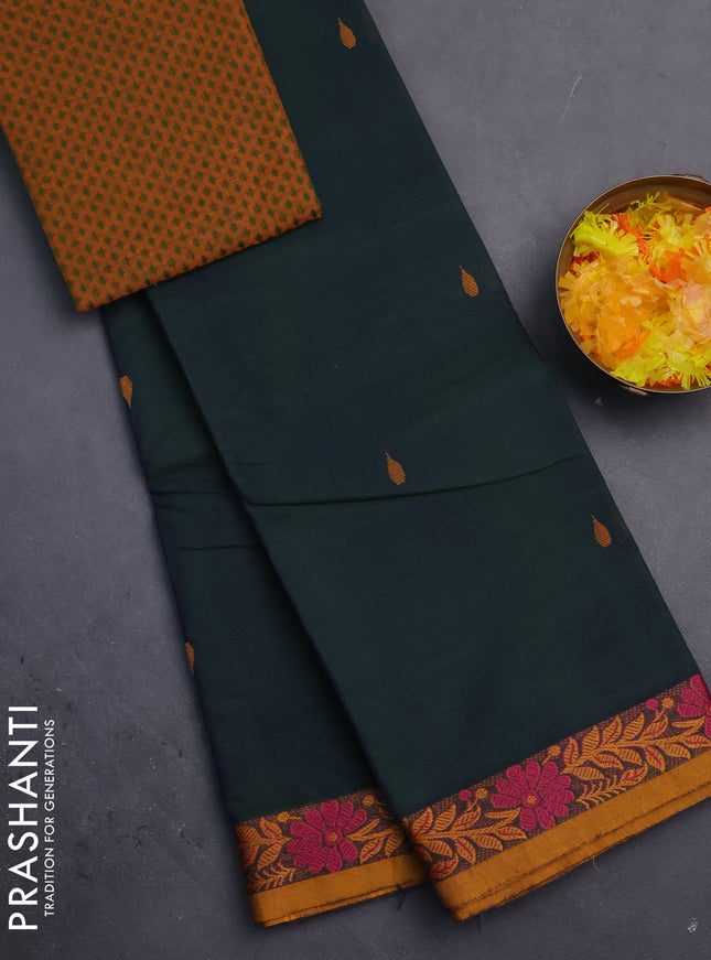 Chettinad cotton saree dual shade of bluish green and dark mustard with thread woven buttas and thread woven border