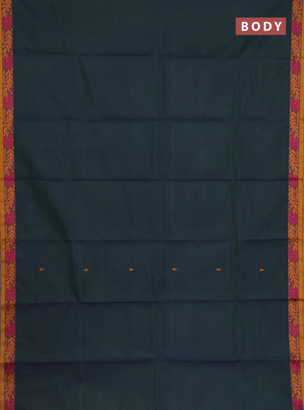Chettinad cotton saree dual shade of bluish green and dark mustard with thread woven buttas and thread woven border