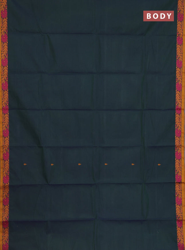 Chettinad cotton saree dual shade of bluish green and dark mustard with thread woven buttas and thread woven border