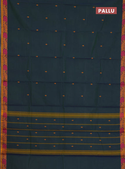 Chettinad cotton saree dual shade of bluish green and dark mustard with thread woven buttas and thread woven border