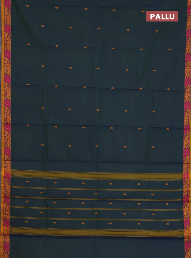 Chettinad cotton saree dual shade of bluish green and dark mustard with thread woven buttas and thread woven border