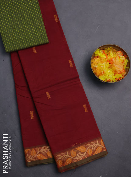 Chettinad cotton saree maroon and sap green with thread woven buttas and thread woven border