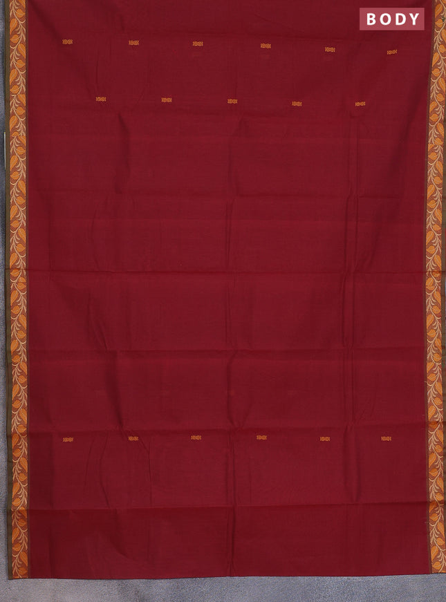 Chettinad cotton saree maroon and sap green with thread woven buttas and thread woven border