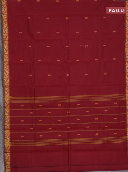 Chettinad cotton saree maroon and sap green with thread woven buttas and thread woven border