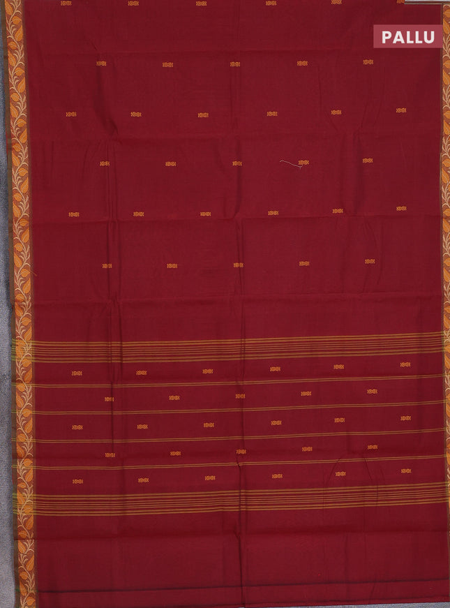 Chettinad cotton saree maroon and sap green with thread woven buttas and thread woven border