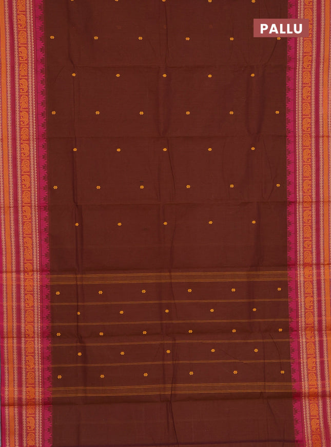 Chettinad cotton saree brown and pink with thread woven buttas and thread woven border