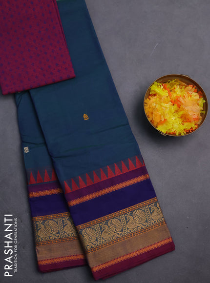 Chettinad cotton saree dual shade of bluish green and dual shade of maroon with thread woven buttas and long rettapet thread woven border