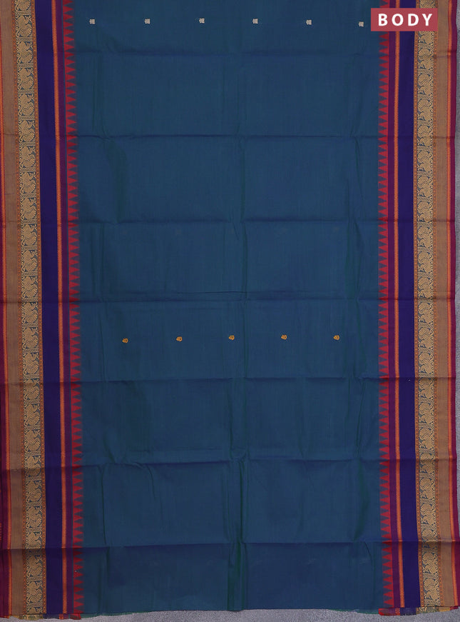 Chettinad cotton saree dual shade of bluish green and dual shade of maroon with thread woven buttas and long rettapet thread woven border