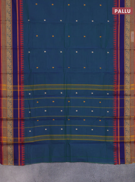 Chettinad cotton saree dual shade of bluish green and dual shade of maroon with thread woven buttas and long rettapet thread woven border