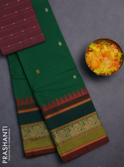 Chettinad cotton saree green and dual shade of maroon with thread woven buttas and long rettapet thread woven border