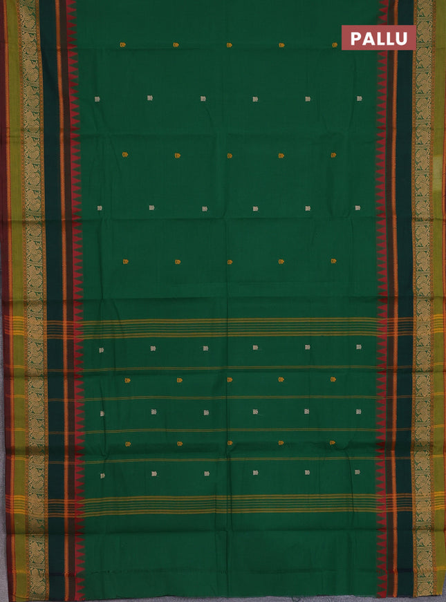 Chettinad cotton saree green and dual shade of maroon with thread woven buttas and long rettapet thread woven border
