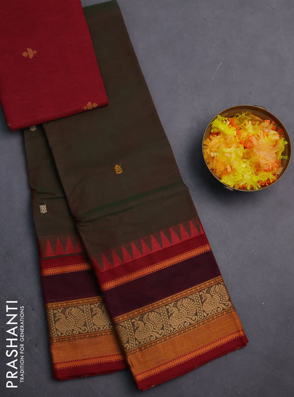 Chettinad cotton saree manthulir green and maroon with thread woven buttas and long rettapet thread woven border