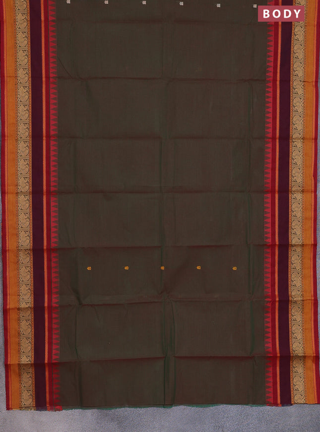 Chettinad cotton saree manthulir green and maroon with thread woven buttas and long rettapet thread woven border