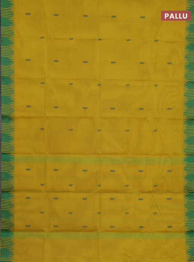 Chettinad cotton saree lime yellow and green with thread woven buttas and temple design thread woven border